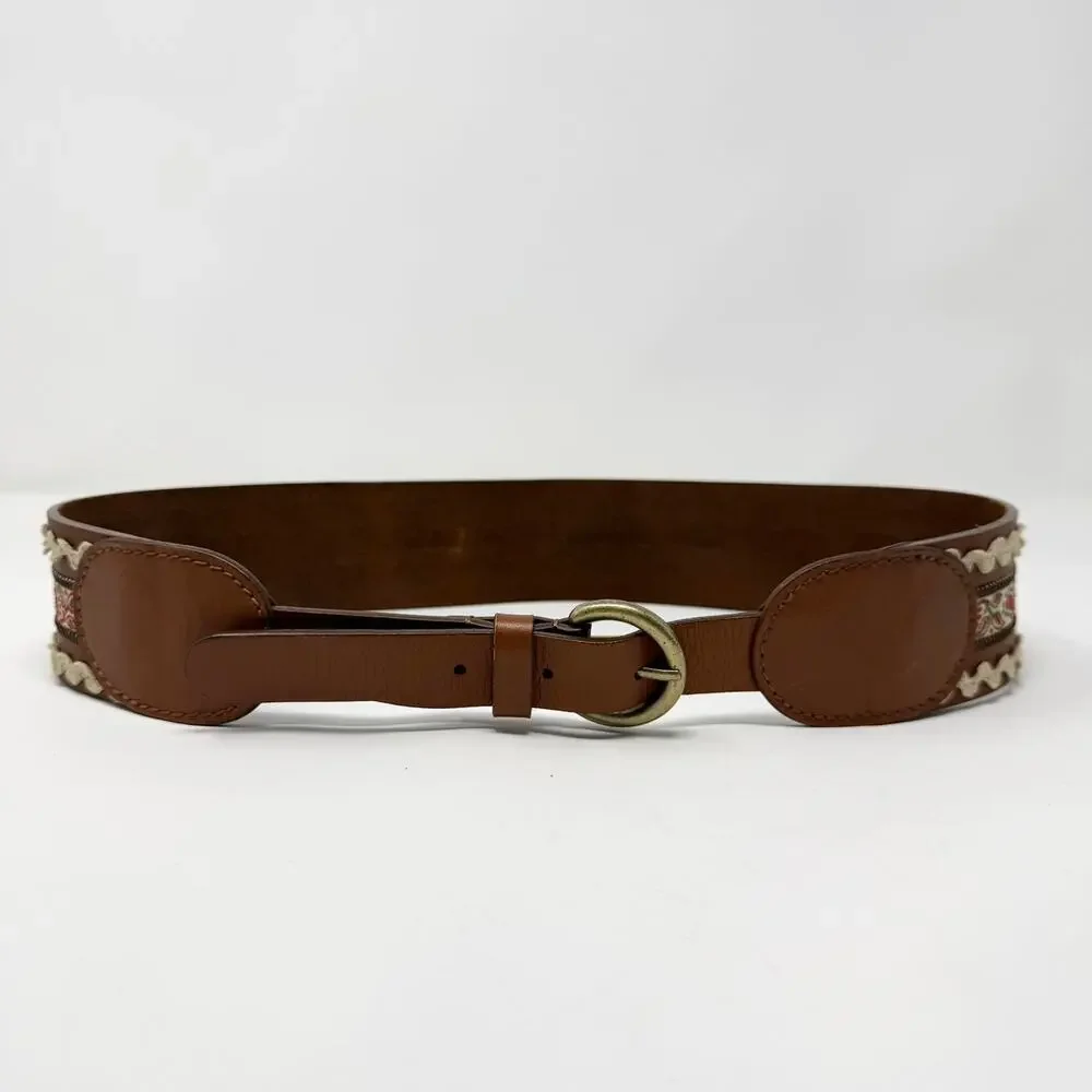 Brown Leather Folk Belt Paisley Fabric Rickrack Festival Ren Faire Peasant Sz M - Picture 2 of 12